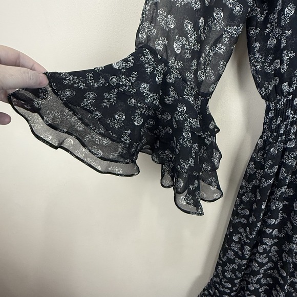 Misa Los Angeles Maxi Dress Black Sheer Floral Rushed Long Sleeve Size S - Picture 3 of 8